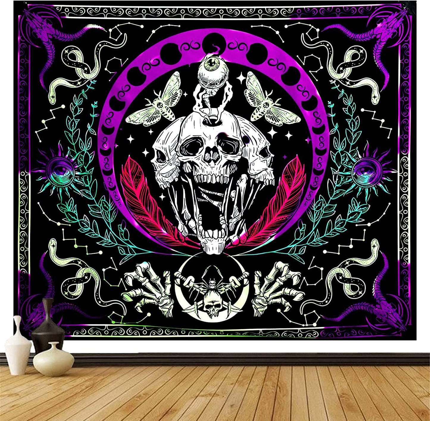 Black Light Tapestry, Skull Wall Hanging, Death Moth Mandala, Psychedelic Skeleton Wall Tapestry, Trippy Cute Snake Decor for Bedroom,Dorm