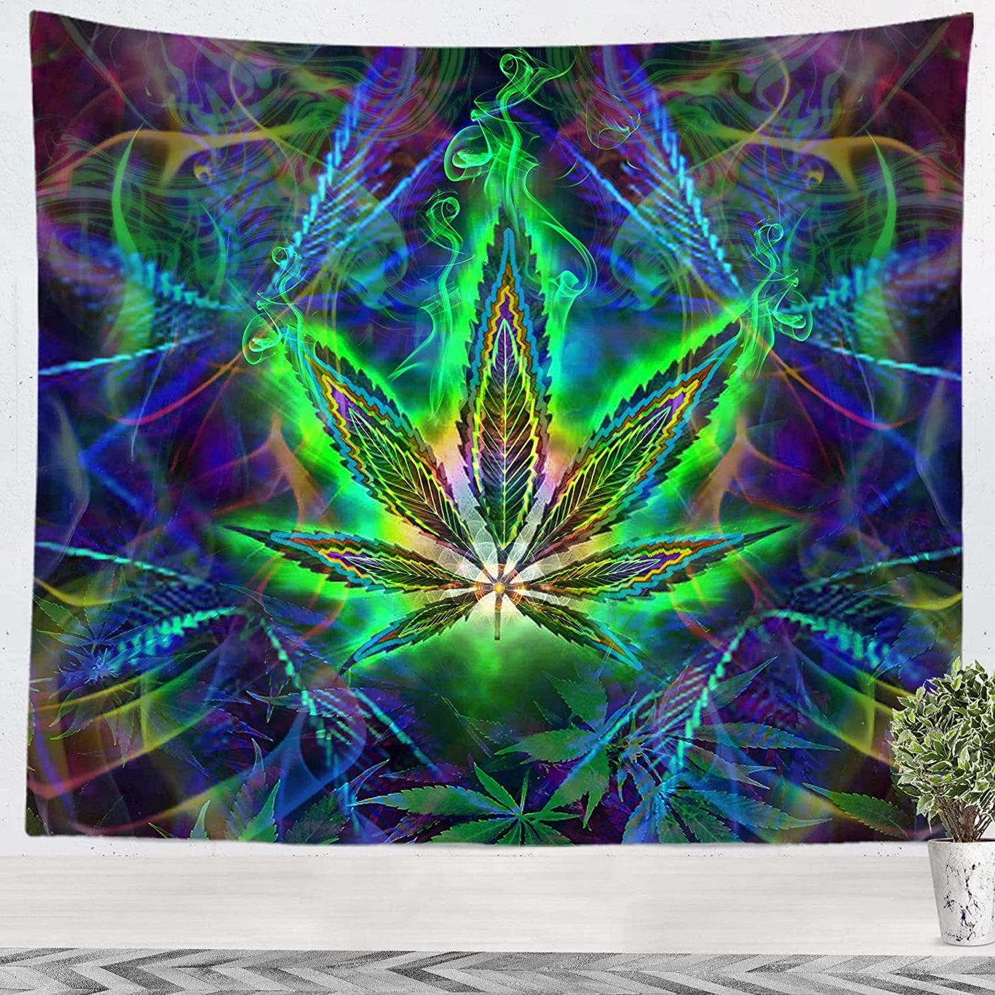 Trippy Tapestry Psychedelic Decor Hippie Home Decor Boho Wall Hanging Bohemian Tapestry Dorm Room Decor Aesthetic Wall Art Cool Tapestry Weed Leaf Design Nature-Inspired Art Wall Mount Art Polyester Tapestry Multipurpose Decor Indoor Outdoor Decor Unique Gift Colorful Wall Hanging Bedroom Decor Living Room Decor Witchy Decor Abstract Art