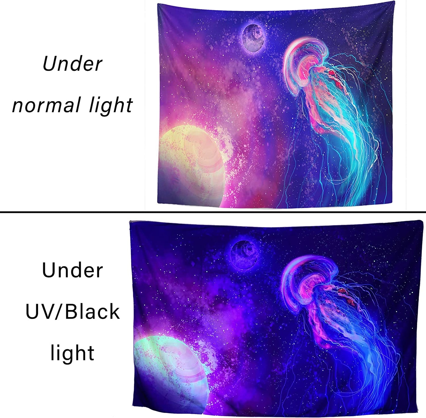 Black Light Tapestry, Trippy Jellyfish , UV Ocean Reactive Poster, Universe Galaxy Planets Space Underwater World Wall Hanging for Bedroom