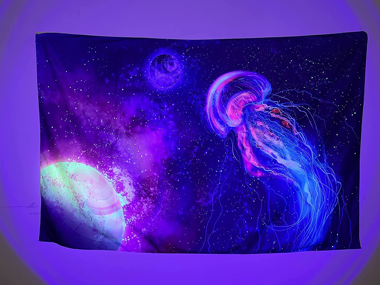 Black Light Tapestry, Trippy Jellyfish , UV Ocean Reactive Poster, Universe Galaxy Planets Space Underwater World Wall Hanging for Bedroom