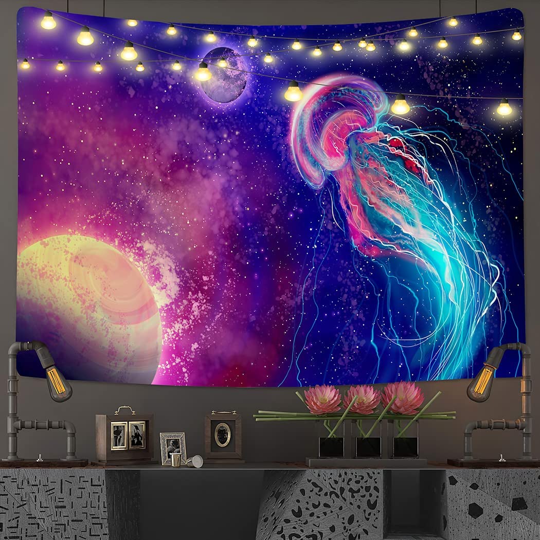 Black Light Tapestry, Trippy Jellyfish , UV Ocean Reactive Poster, Universe Galaxy Planets Space Underwater World Wall Hanging for Bedroom
