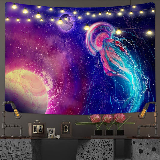 Black Light Tapestry, Trippy Jellyfish , UV Ocean Reactive Poster, Universe Galaxy Planets Space Underwater World Wall Hanging for Bedroom