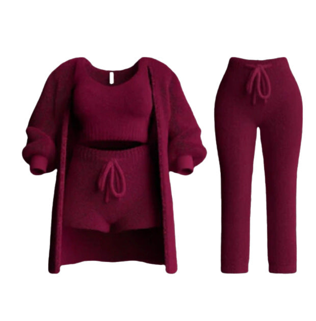 Autumn And Winter New Knitted Plush Long Sleeve Coat Vest Shorts Four-piece Set