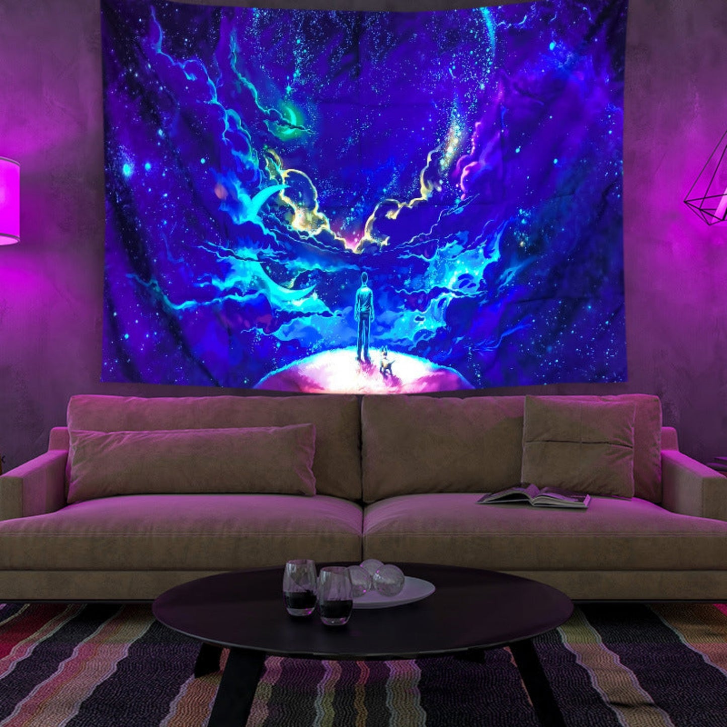 UV Reactive Galaxy Wall Tapestry - Aesthetic Starry Night Bedroom Wall Hanging Decor - Black Light Space Poster - Moon Star Room Decor