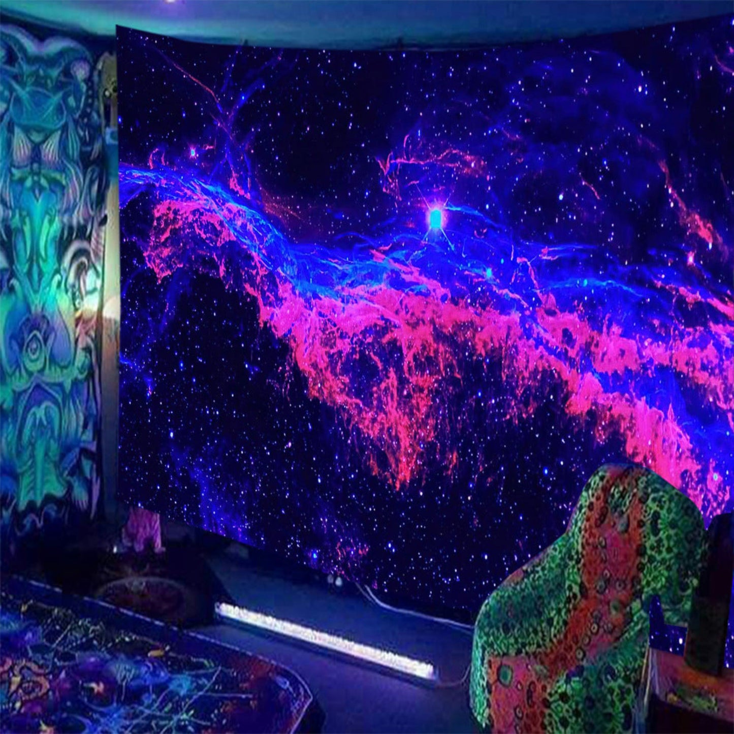 Black Light Tapestry, Space Tapestry, Starry Sky Wall Hanging, Psychedelic Galaxy Blacklight Poster, Trippy Uv Reactive