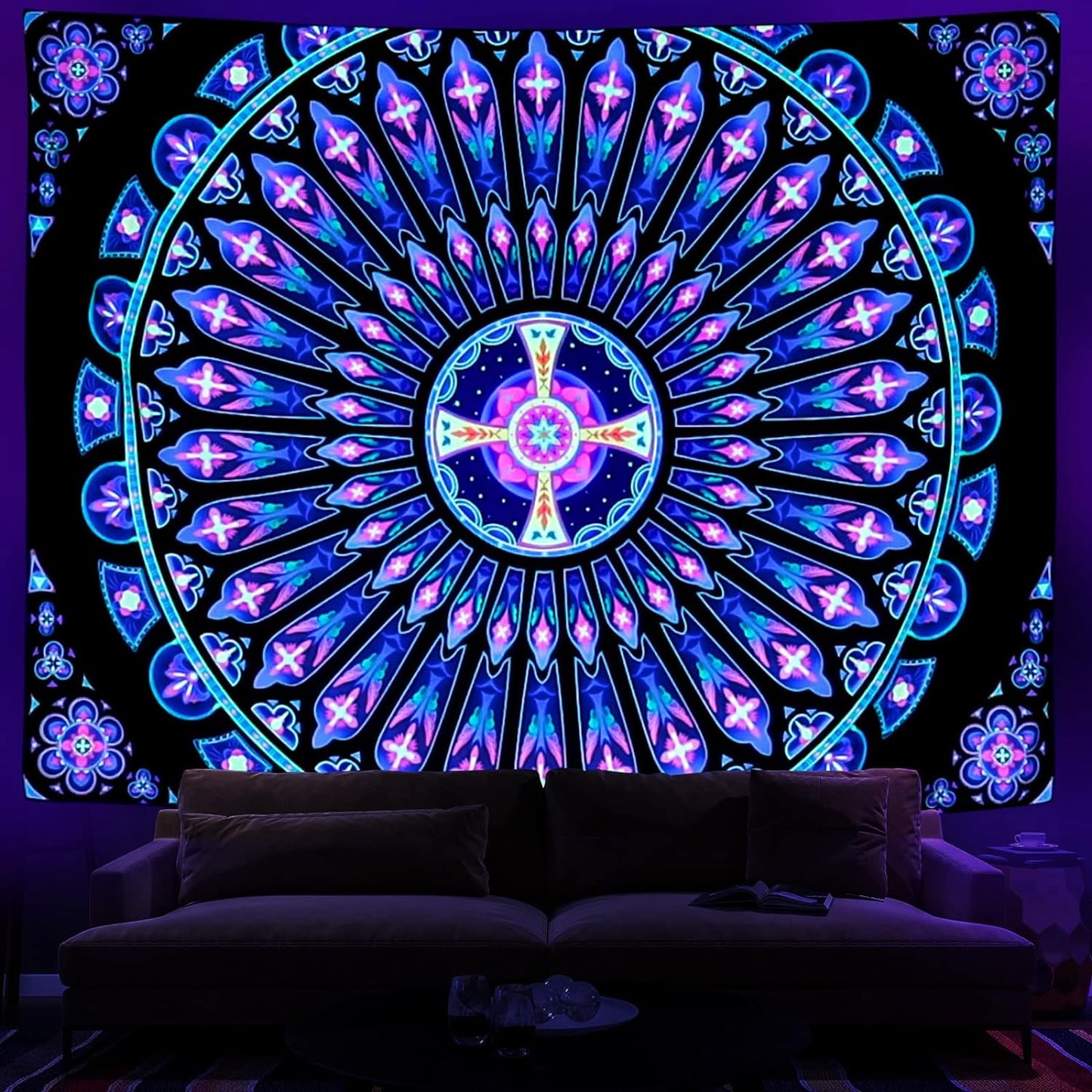 Black Light Tapestry Mandala Blacklight Tapestry Wall Hanging UV Reactive Glow In The Dark Indian Mandala Fluorescent Psychedelic Art
