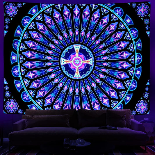 Black Light Tapestry Mandala Blacklight Tapestry Wall Hanging UV Reactive Glow In The Dark Indian Mandala Fluorescent Psychedelic Art