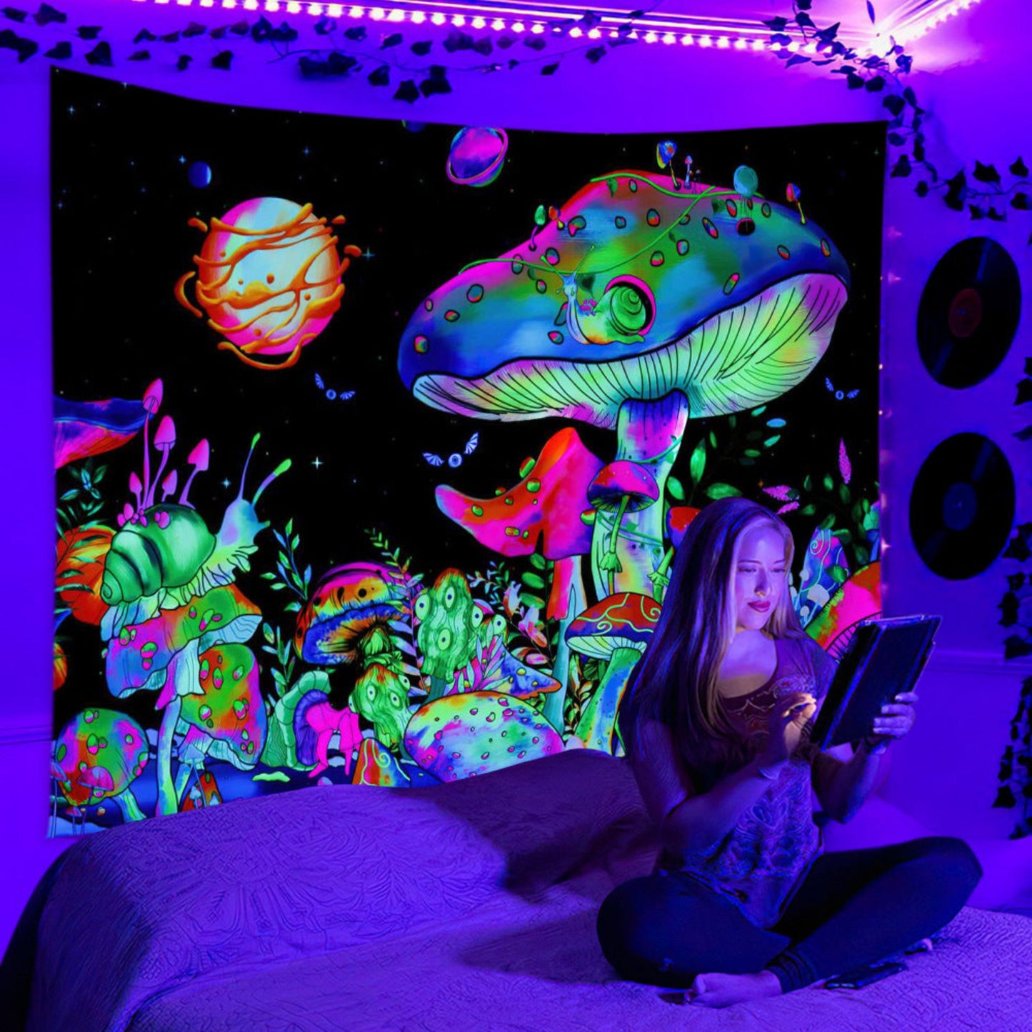 Black Light Tapestry Wall Hanging, Psychedelic Mushroom Tapestry Mandala, Skull Wall Tapestry, Uv Reactive BlackLight Trippy Art Décor