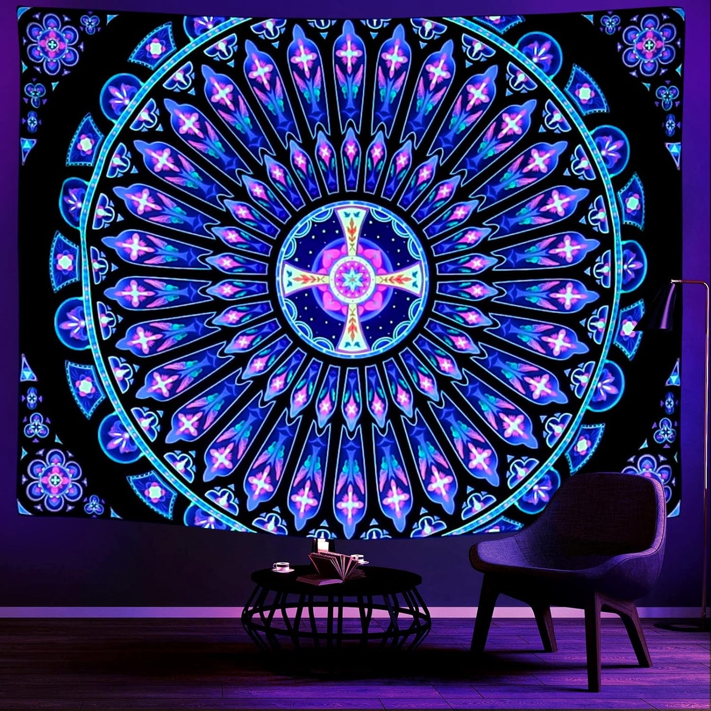 Black Light Tapestry Mandala Blacklight Tapestry Wall Hanging UV Reactive Glow In The Dark Indian Mandala Fluorescent Psychedelic Art