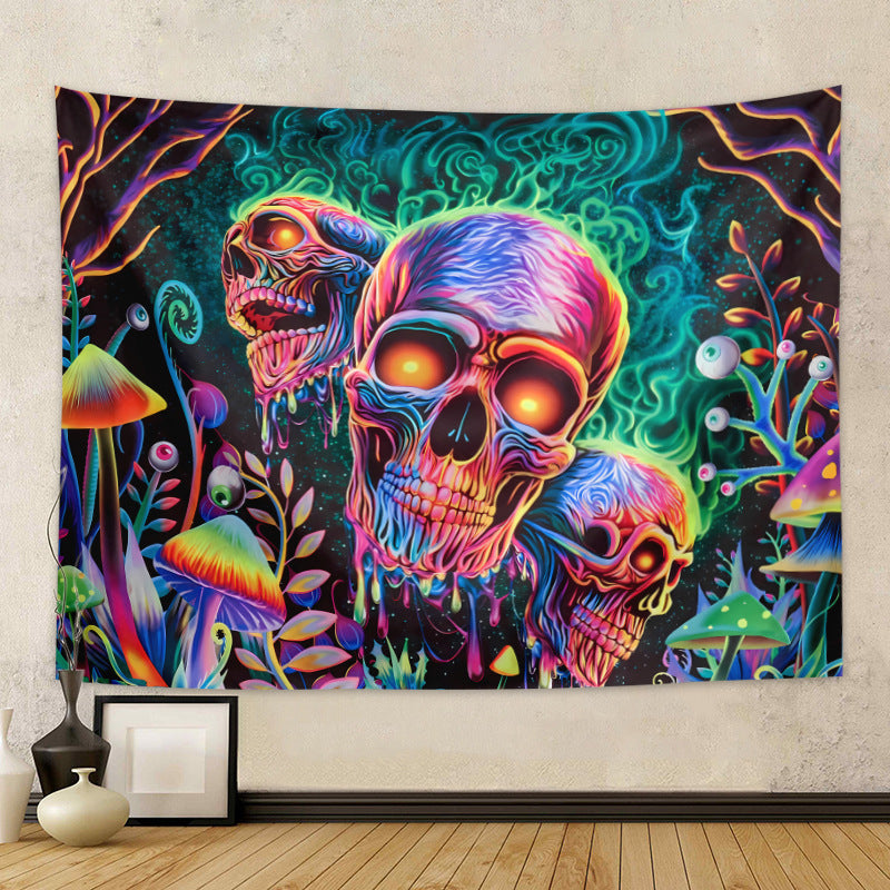 Black Light Tapestry Wall Hanging, Skull Tapestry Mandala, Skeleton Wall Tapestry, Uv Reactive BlackLight Psychedelic Mushroom Trippy Art