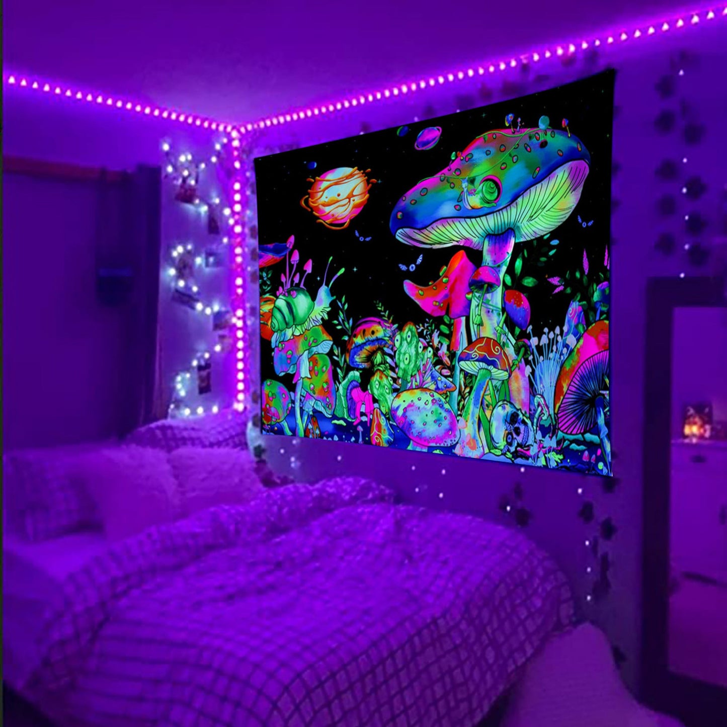 Black Light Tapestry Wall Hanging, Psychedelic Mushroom Tapestry Mandala, Skull Wall Tapestry, Uv Reactive BlackLight Trippy Art Décor