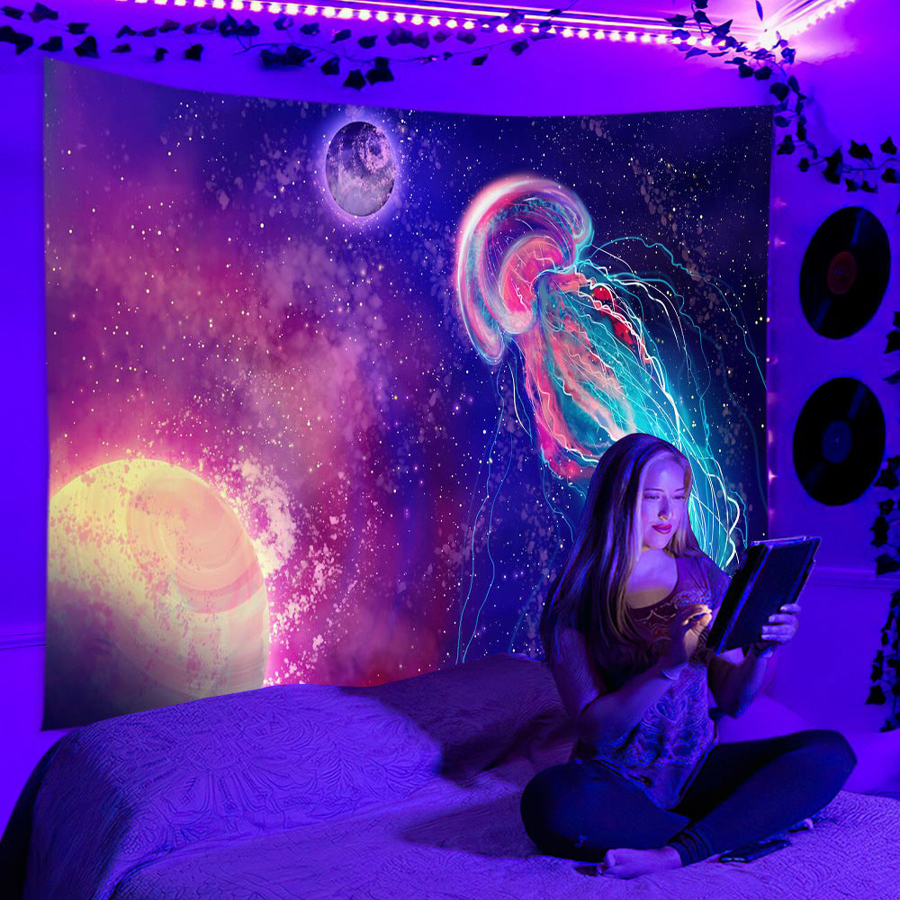 Black Light Tapestry, Trippy Jellyfish , UV Ocean Reactive Poster, Universe Galaxy Planets Space Underwater World Wall Hanging for Bedroom
