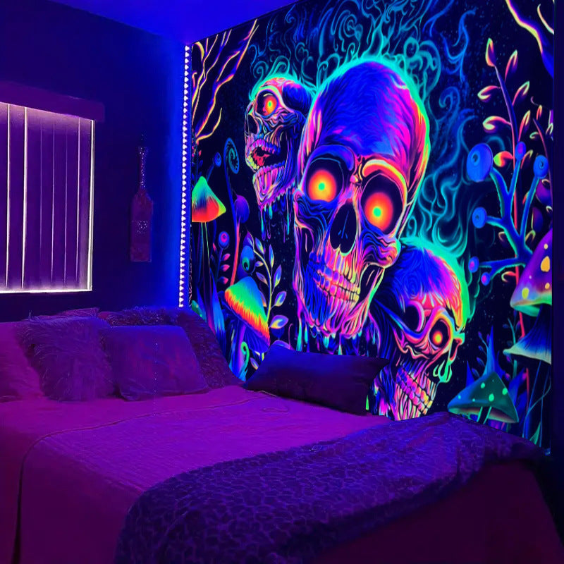 Black Light Tapestry Wall Hanging, Skull Tapestry Mandala, Skeleton Wall Tapestry, Uv Reactive BlackLight Psychedelic Mushroom Trippy Art