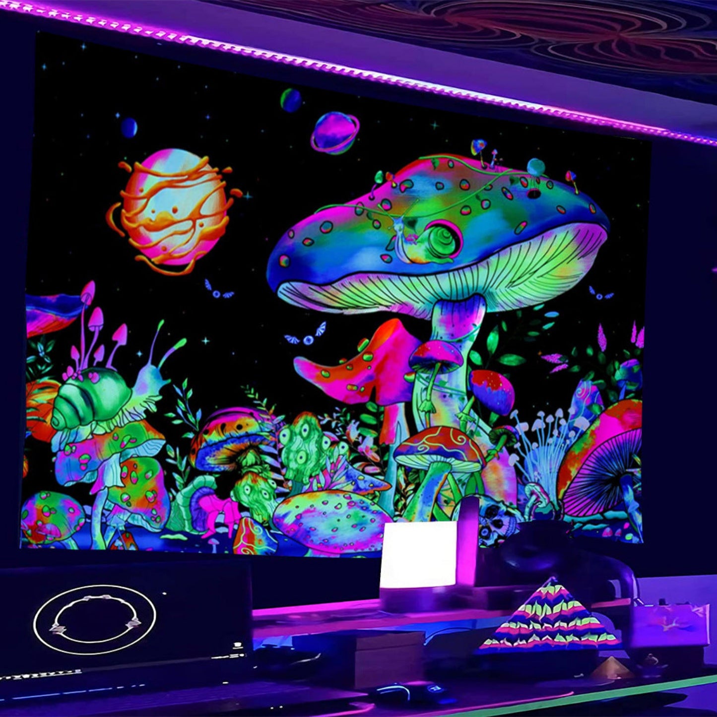 Black Light Tapestry Wall Hanging, Psychedelic Mushroom Tapestry Mandala, Skull Wall Tapestry, Uv Reactive BlackLight Trippy Art Décor