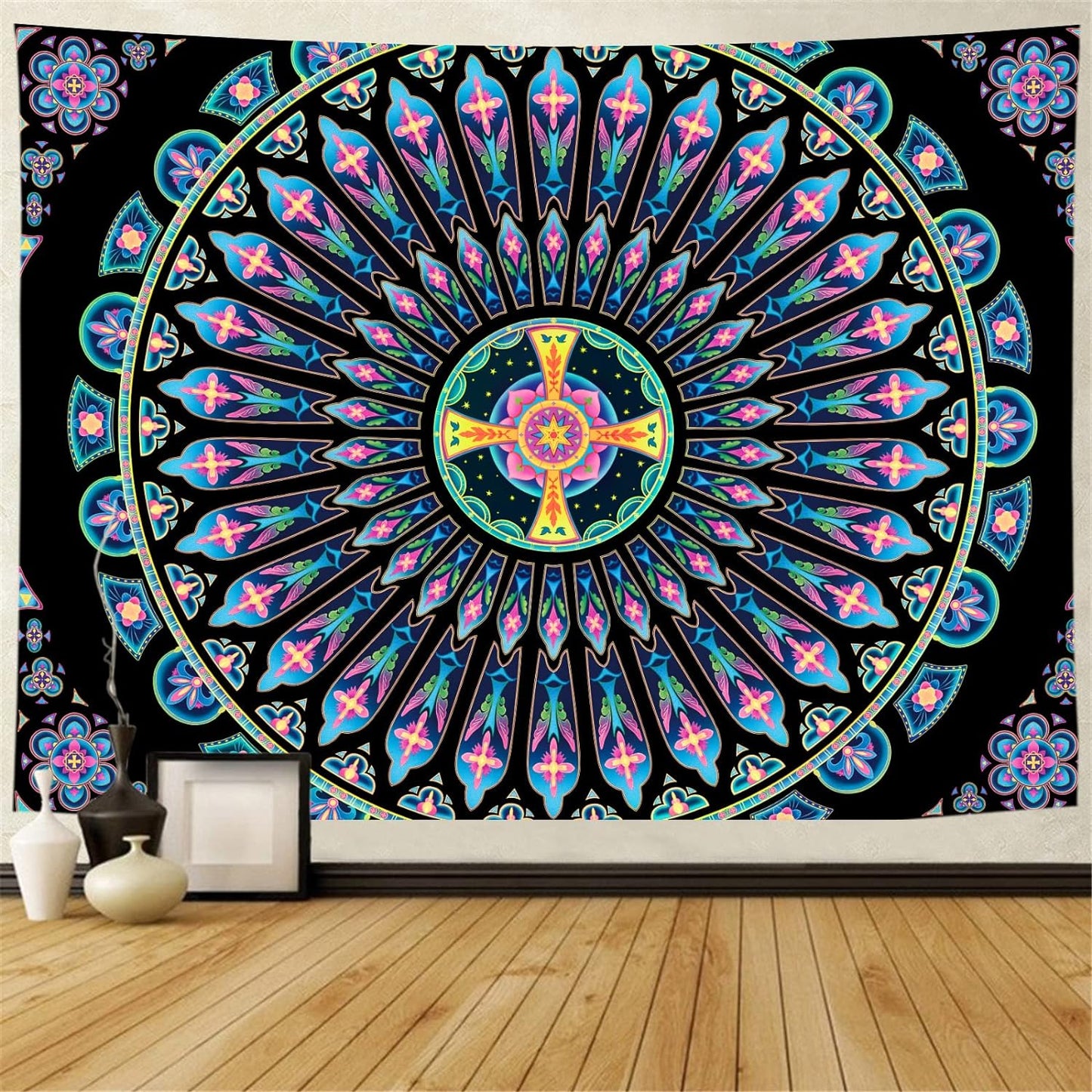 Black Light Tapestry Mandala Blacklight Tapestry Wall Hanging UV Reactive Glow In The Dark Indian Mandala Fluorescent Psychedelic Art