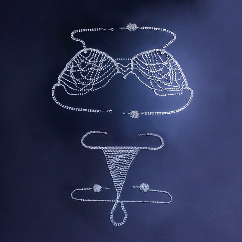 Sexy Body Chain Rhinestone Chest Chain With Rhinestones Women Summer Beach  Set Bling Diamond Tassel Adjustable Halter Bra Hollow Out Cover Up Thong Chest Chain Bra Panties Body Chain Crystal Bikini Chest Jewelry Lingerie Woman Nightclub Clothing