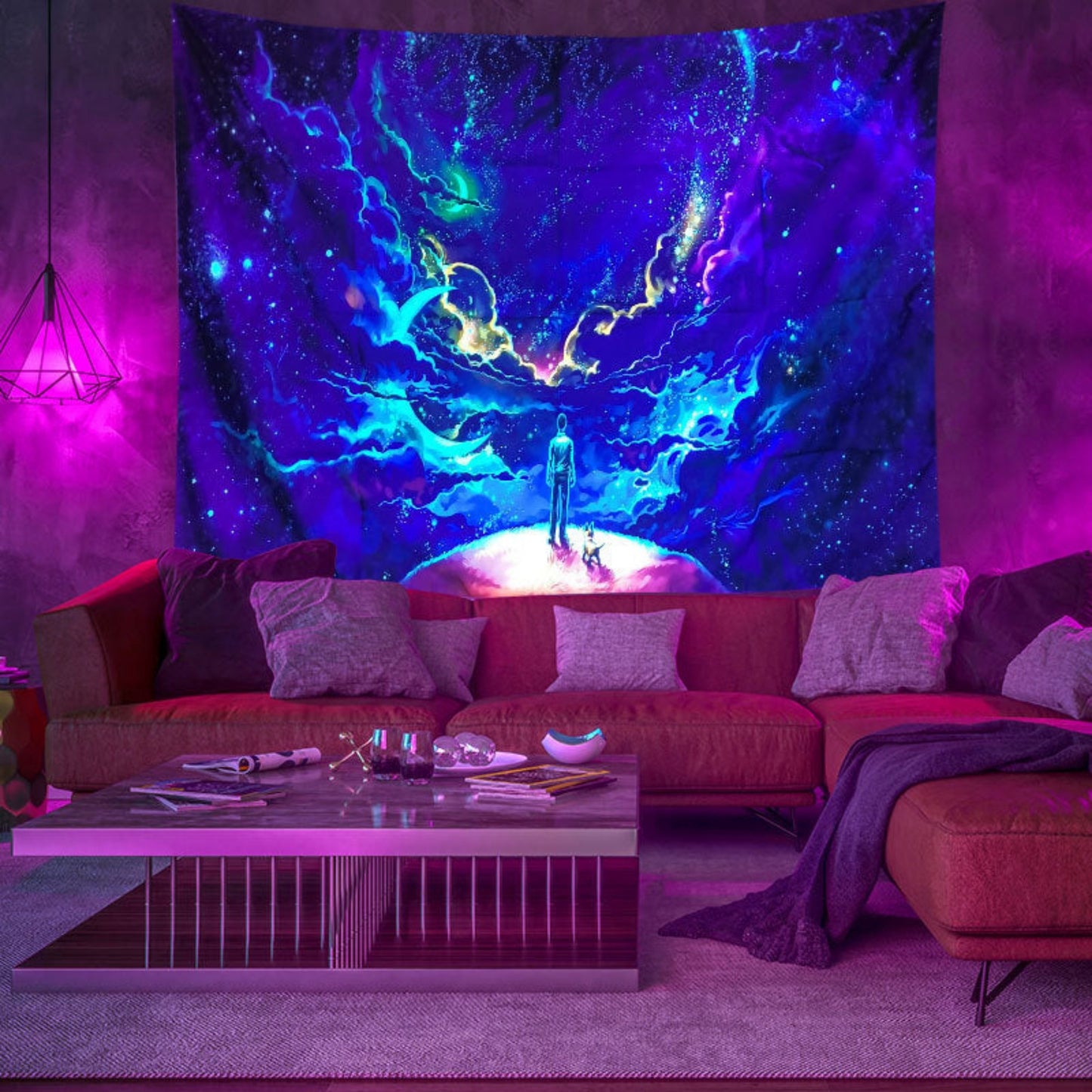 UV Reactive Galaxy Wall Tapestry - Aesthetic Starry Night Bedroom Wall Hanging Decor - Black Light Space Poster - Moon Star Room Decor
