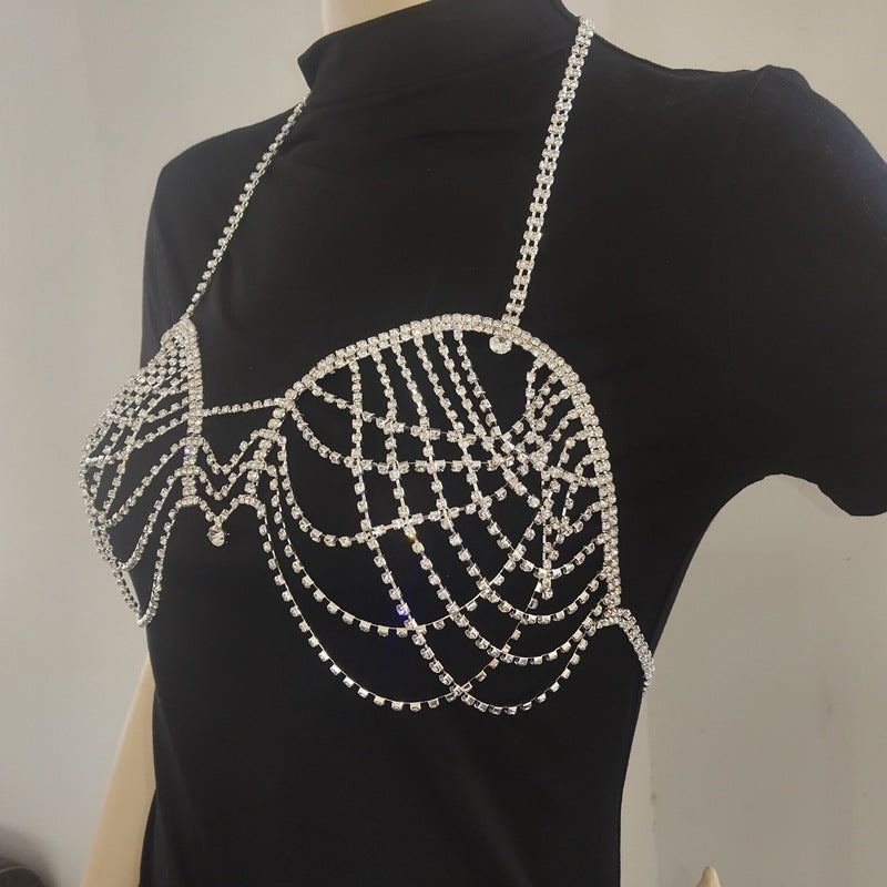 Sexy Body Chain Rhinestone Chest Chain With Rhinestones Women Summer Beach  Set Bling Diamond Tassel Adjustable Halter Bra Hollow Out Cover Up Thong Chest Chain Bra Panties Body Chain Crystal Bikini Chest Jewelry Lingerie Woman Nightclub Clothing