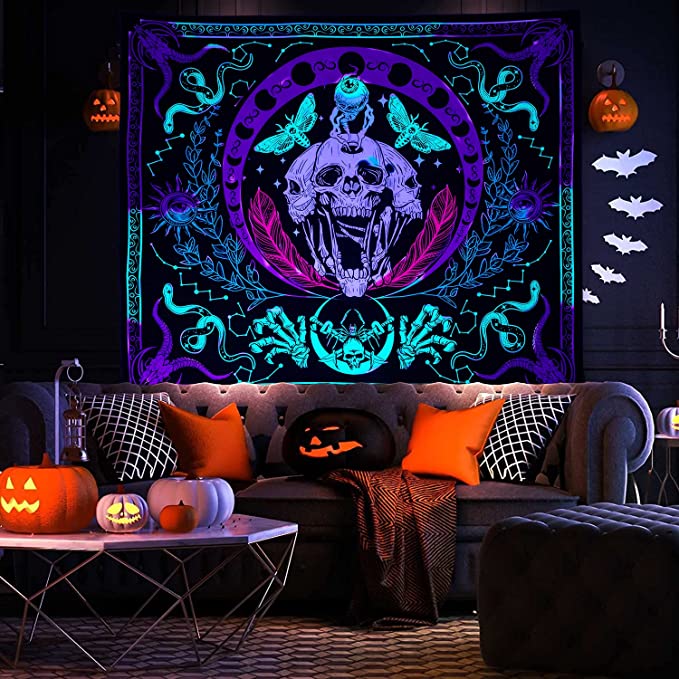 Black Light Tapestry, Skull Wall Hanging, Death Moth Mandala, Psychedelic Skeleton Wall Tapestry, Trippy Cute Snake Decor for Bedroom,Dorm