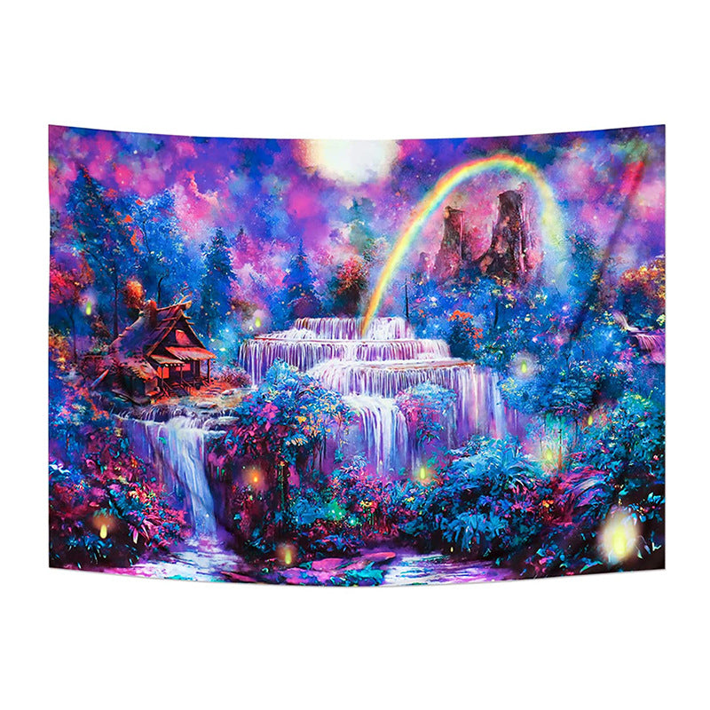 Blacklight Tapestry, Forest Tapestry, UV Reactive Fantasy Waterfall Rainbow Black Light Tapestry, Misty  Nature Landscape Wall Hanging Room