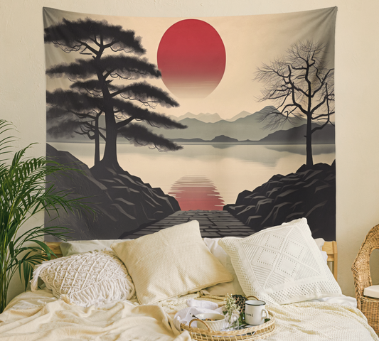 Red Sun, Mandala Tapestry Wall Hanging, Mountain Shiluette, Lake View, Japanese Style Wallart, Boho Décor for Bedroom, Dorm