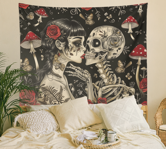Romantic Goth , Tapestry Wall Hanging, Cottagecore, Dark Academia, Skeleton Kissing,  Psychedelic Mushroom Mandala Art