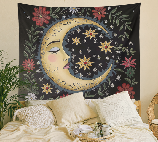Lunar Wall Hanging,  Crescent Moon Tapestry, Flower Mandala, Floral Boho Celestial Aesthetic Wall Art Cottagecore Décor