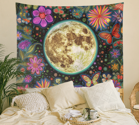 Moon Tapestry, Lunar Wall Hanging, Flower Mandala , Moonlit Night Sky Scenery, Cottagecore Aesthetic, Floral Fantasy