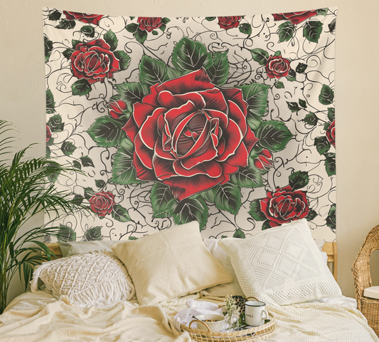 Flower Wall Hanging Tapestry, Boho Floral Red Rose Mandala, Roses Artwork Wall Décor, Aesthetic Background Tablecloth