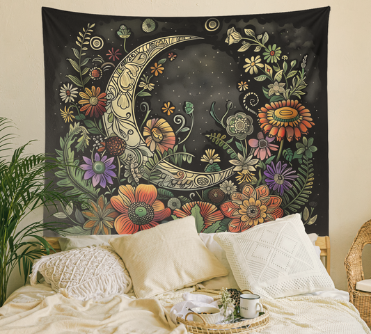 Moon Tapestry Wall Hanging, Crescent Moon, Plants Flower Floral Black Mystic Mandala, Witchy Aesthetic Wall Art Décor for Bedroom