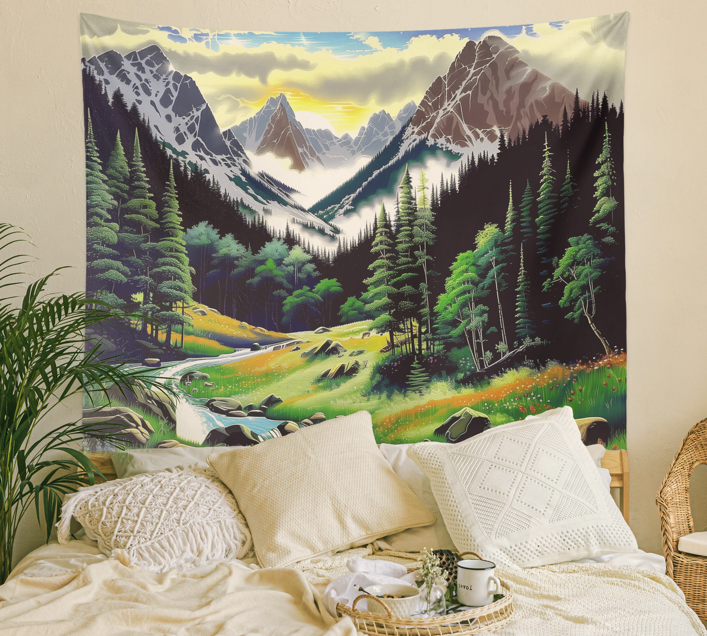 Majestic Mountains, Tapestry Wall Hanging, Mountain Scenery Landscape Artwork, Forest Green Background , Floral Mandala