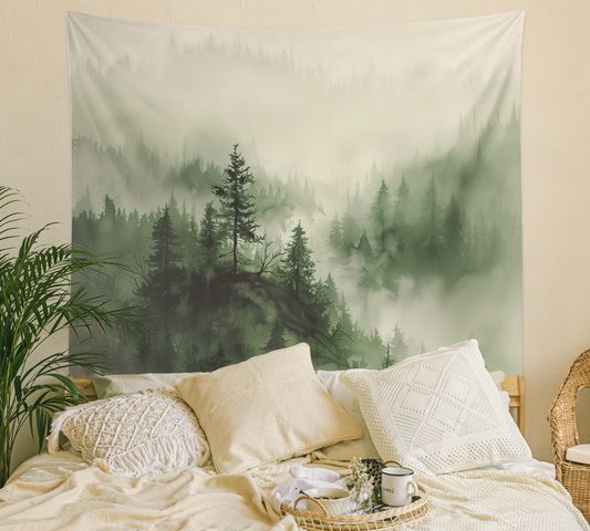 Watercolor Smoky Mountain Landscape , Tapestry Wall Hanging, Misty Forest Art , Boho Style Wall Décor for Bedroom, Dorm
