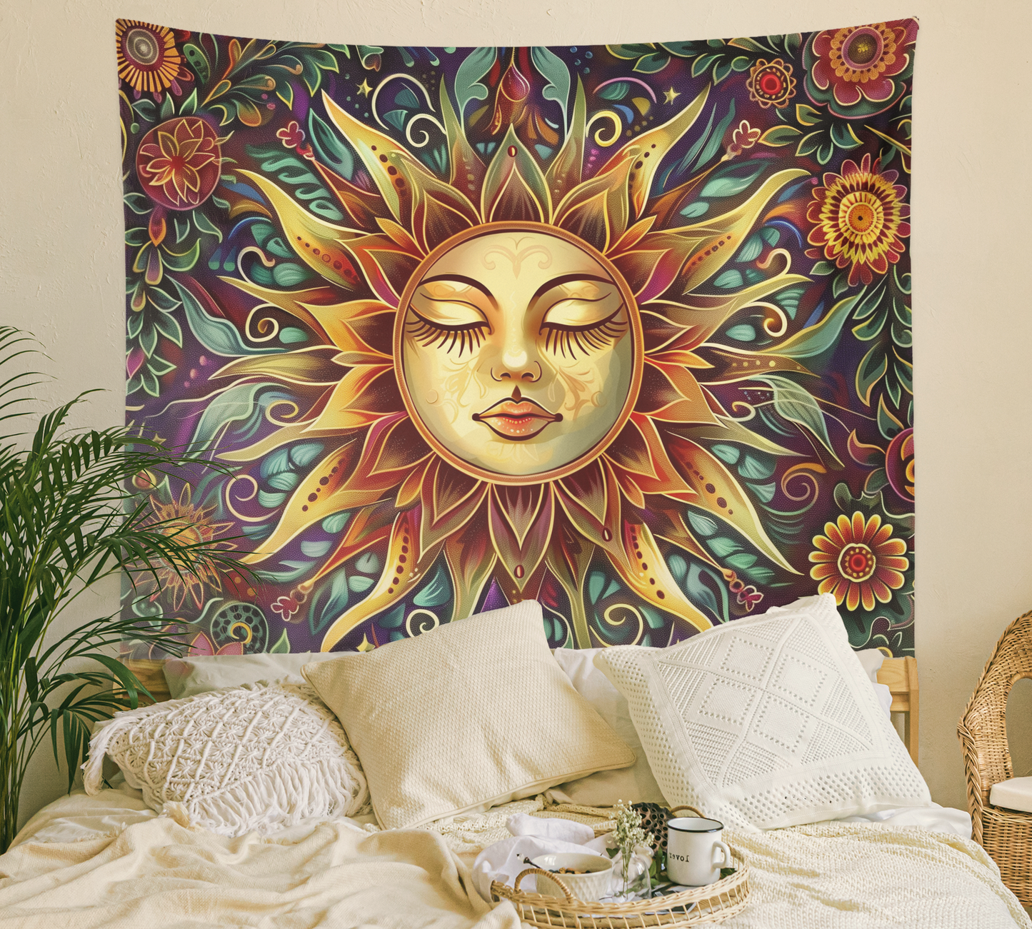 Sun Tapestry, Wall Hanging, Floral Mandala, Boho Flower Art, Burning Sunshine Artwork, Psychedelic, Mystic, Aesthetic Room Decoration