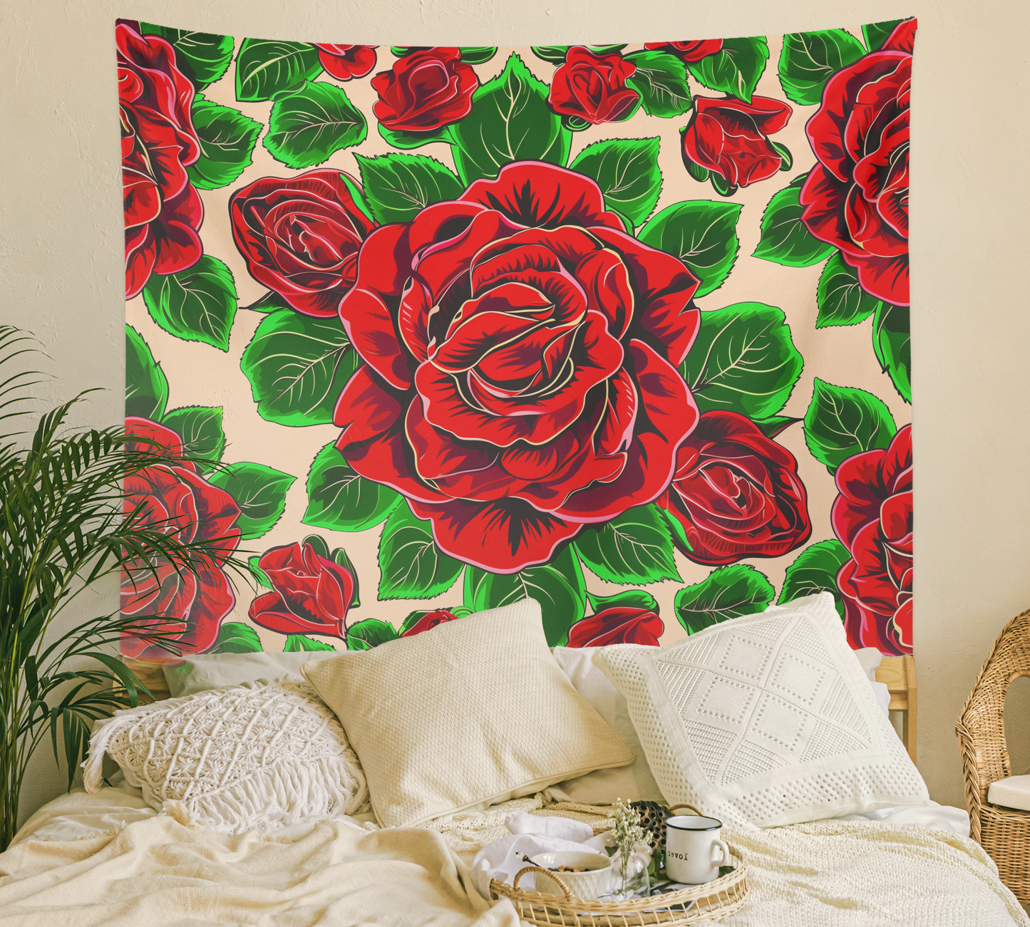Floral Tapestry Wall Hanging Flower Mandala Boho Flower Wall Art Roses Artwork Décor Red Rose Pattern Bohemian Tapestries for Bedroom