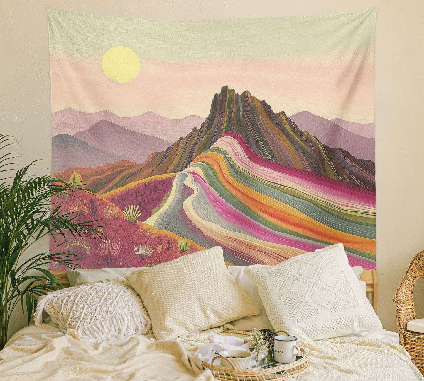 Boho Color Desert Landscape Tapestry Wall Hanging, Desert Sun Wall Art, Cactus Plants Print, Colorful Mountains Artwork  Living Room/Bedroom
