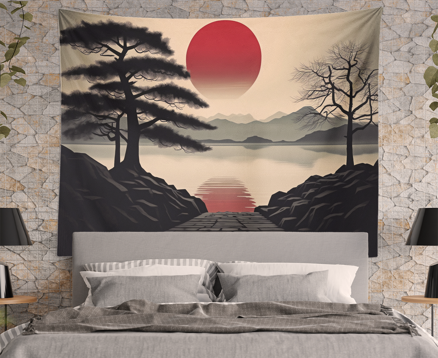 Red Sun, Mandala Tapestry Wall Hanging, Mountain Shiluette, Lake View, Japanese Style Wallart, Boho Décor for Bedroom, Dorm