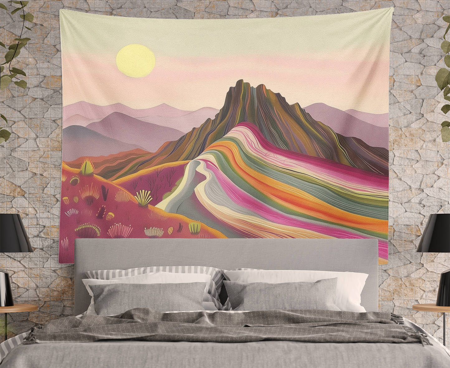 Boho Color Desert Landscape Tapestry Wall Hanging, Desert Sun Wall Art, Cactus Plants Print, Colorful Mountains Artwork  Living Room/Bedroom