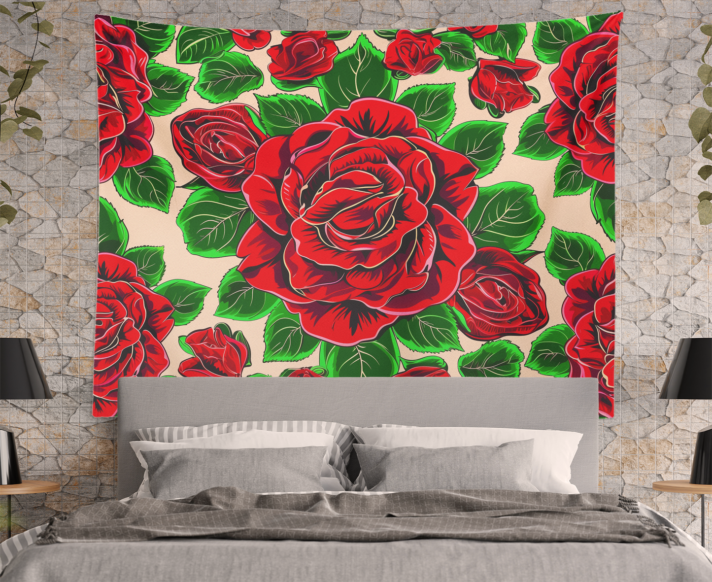 Floral Tapestry Wall Hanging Flower Mandala Boho Flower Wall Art Roses Artwork Décor Red Rose Pattern Bohemian Tapestries for Bedroom