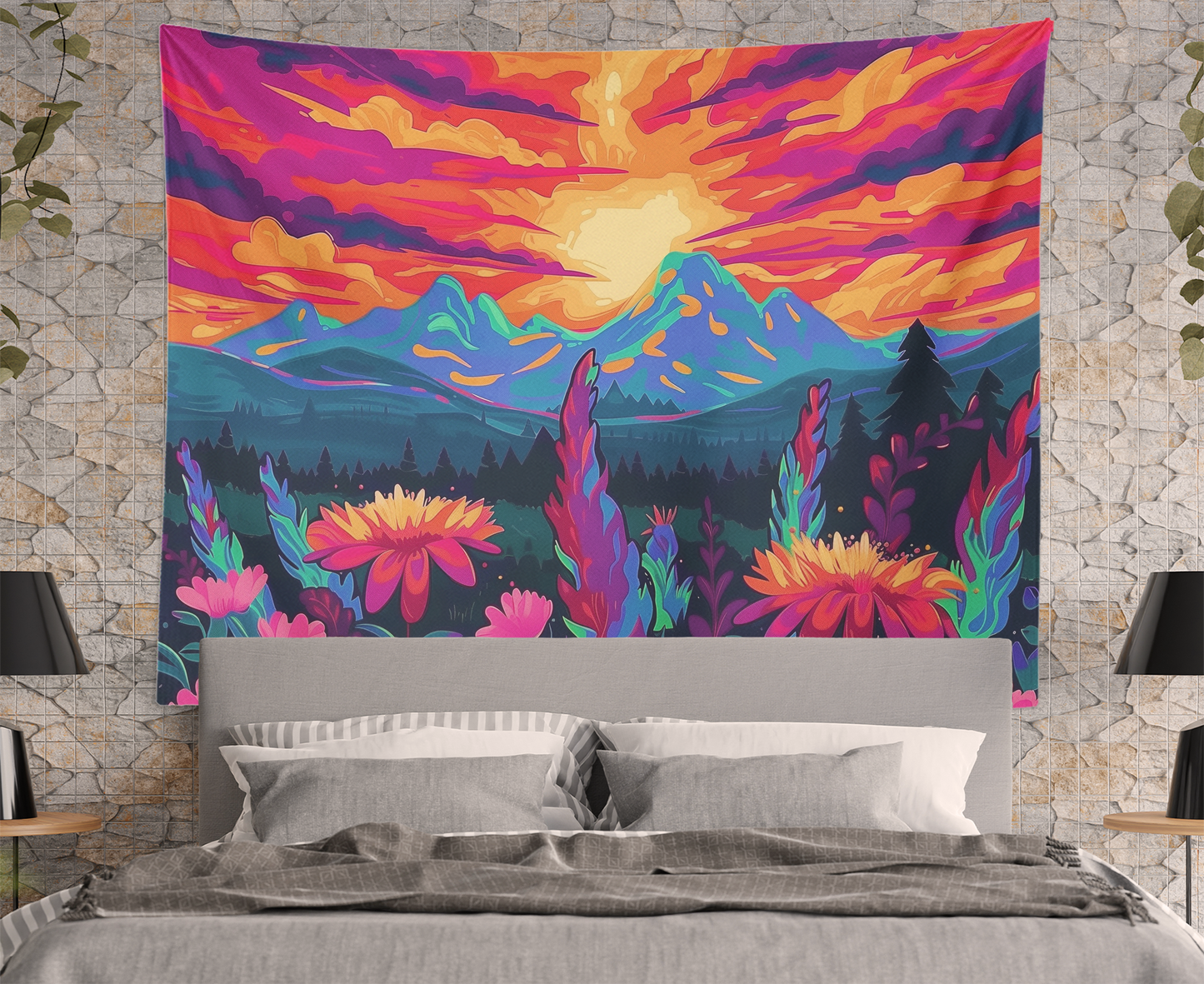 Fantasy Landscape Tapestry Wall Hanging, Surreal Psychedelic Landscapes Wall Tapestry Mandala, Mountain, Forest, Sun Clouds Scene Tapestries