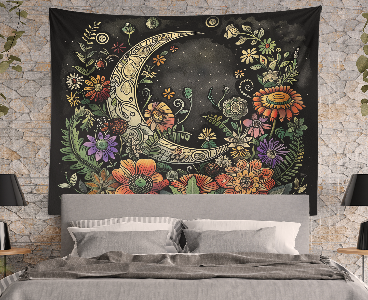 Moon Tapestry Wall Hanging, Crescent Moon, Plants Flower Floral Black Mystic Mandala, Witchy Aesthetic Wall Art Décor for Bedroom
