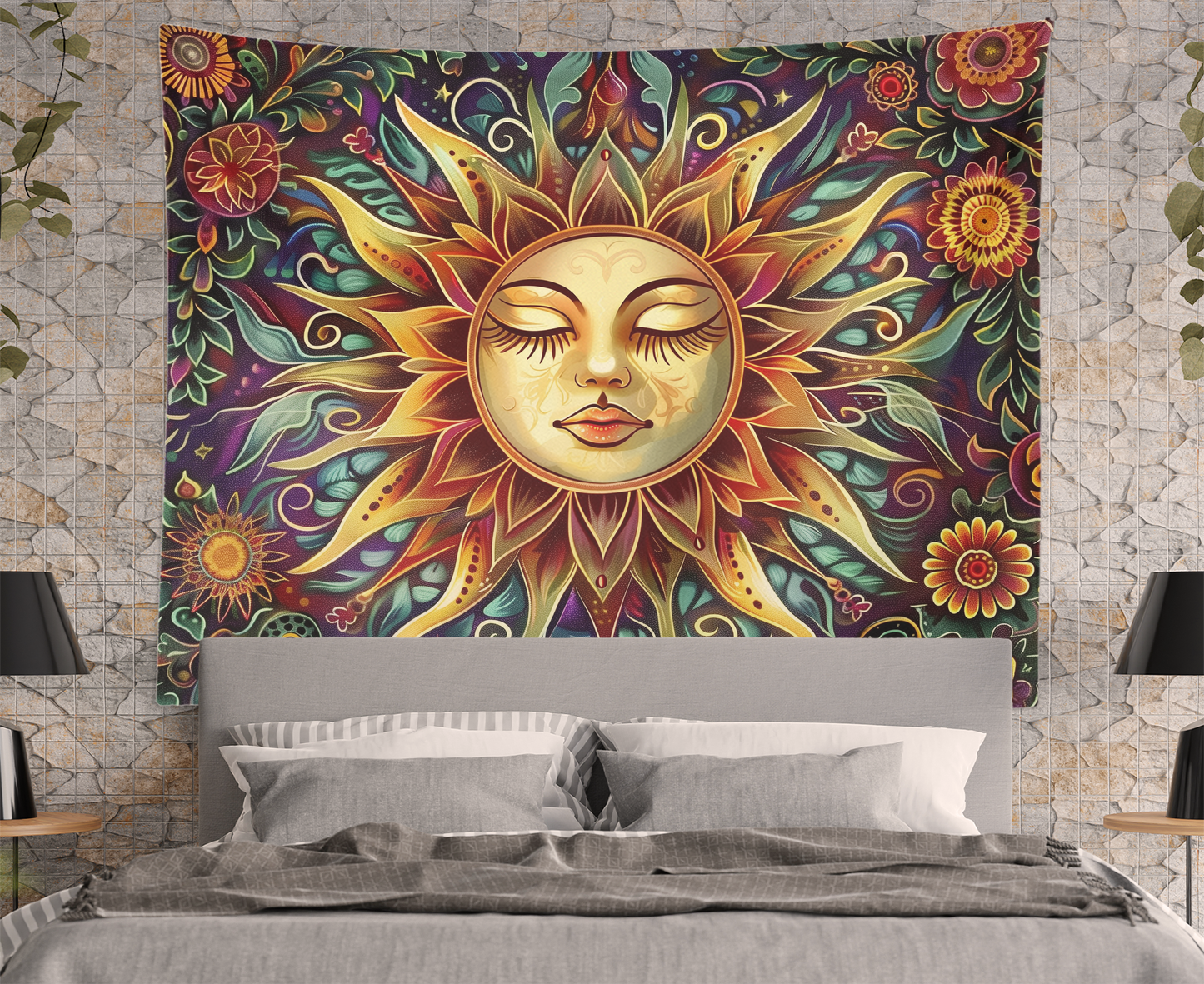 Sun Tapestry, Wall Hanging, Floral Mandala, Boho Flower Art, Burning Sunshine Artwork, Psychedelic, Mystic, Aesthetic Room Decoration