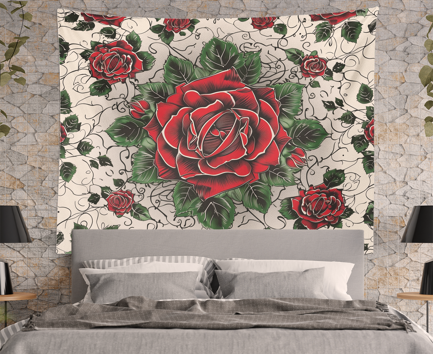 Flower Wall Hanging Tapestry, Boho Floral Red Rose Mandala, Roses Artwork Wall Décor, Aesthetic Background Tablecloth