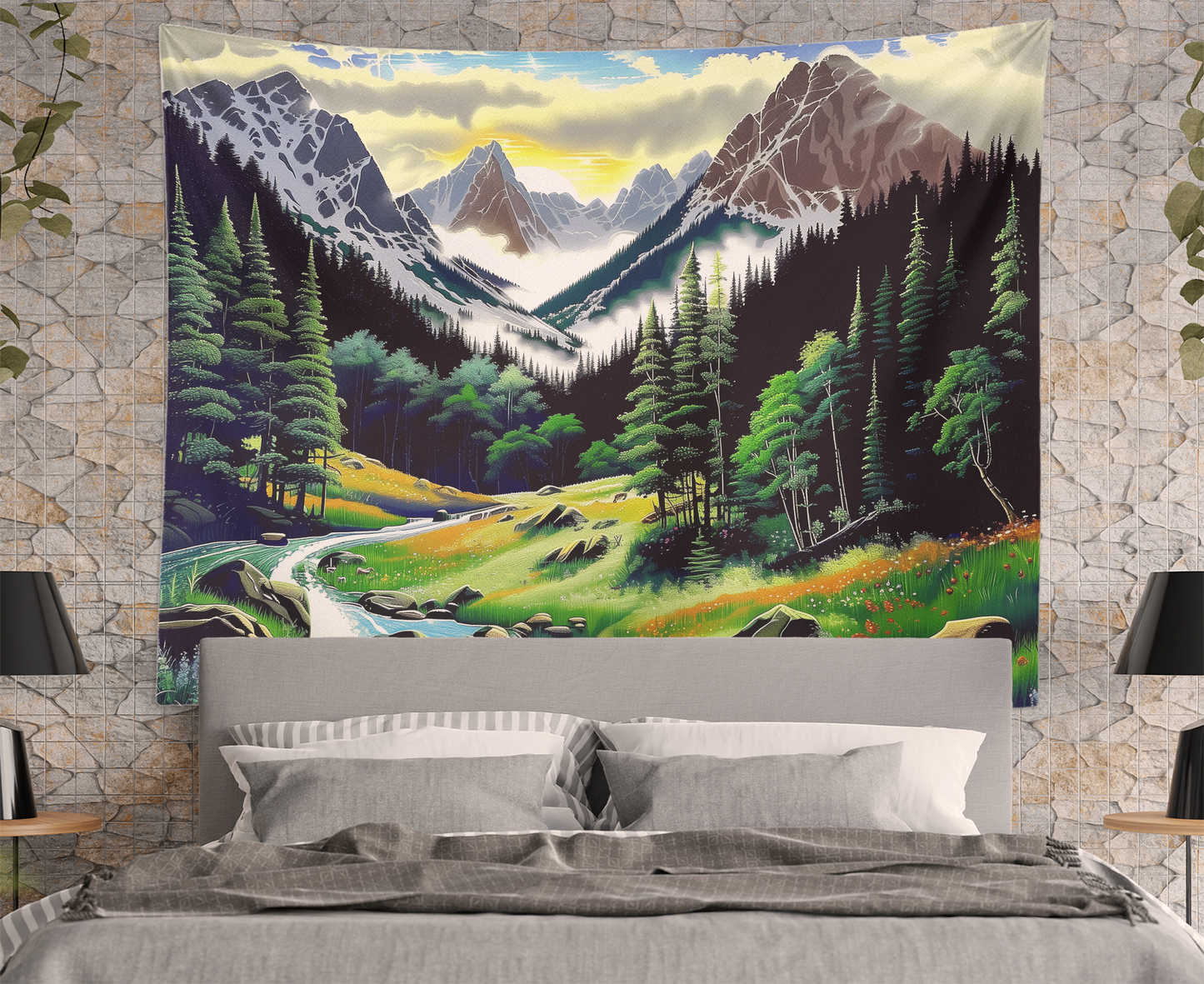 Majestic Mountains, Tapestry Wall Hanging, Mountain Scenery Landscape Artwork, Forest Green Background , Floral Mandala