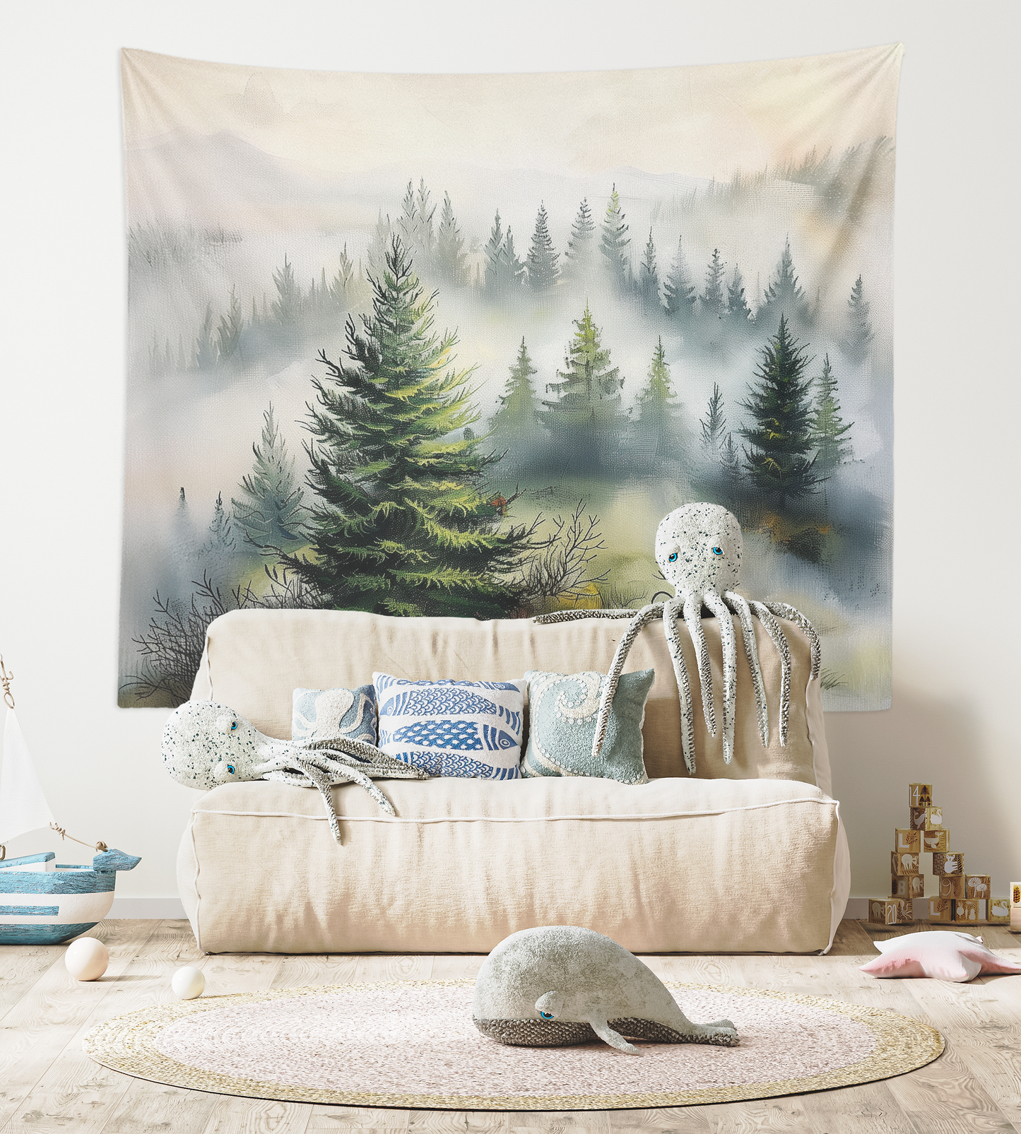 Foggy Misty Forest , Tapestry Wall Hanging, Watercolor Smoky Mountain Landscape Scenery Wall Art  Bedroom, Dorm ,Room