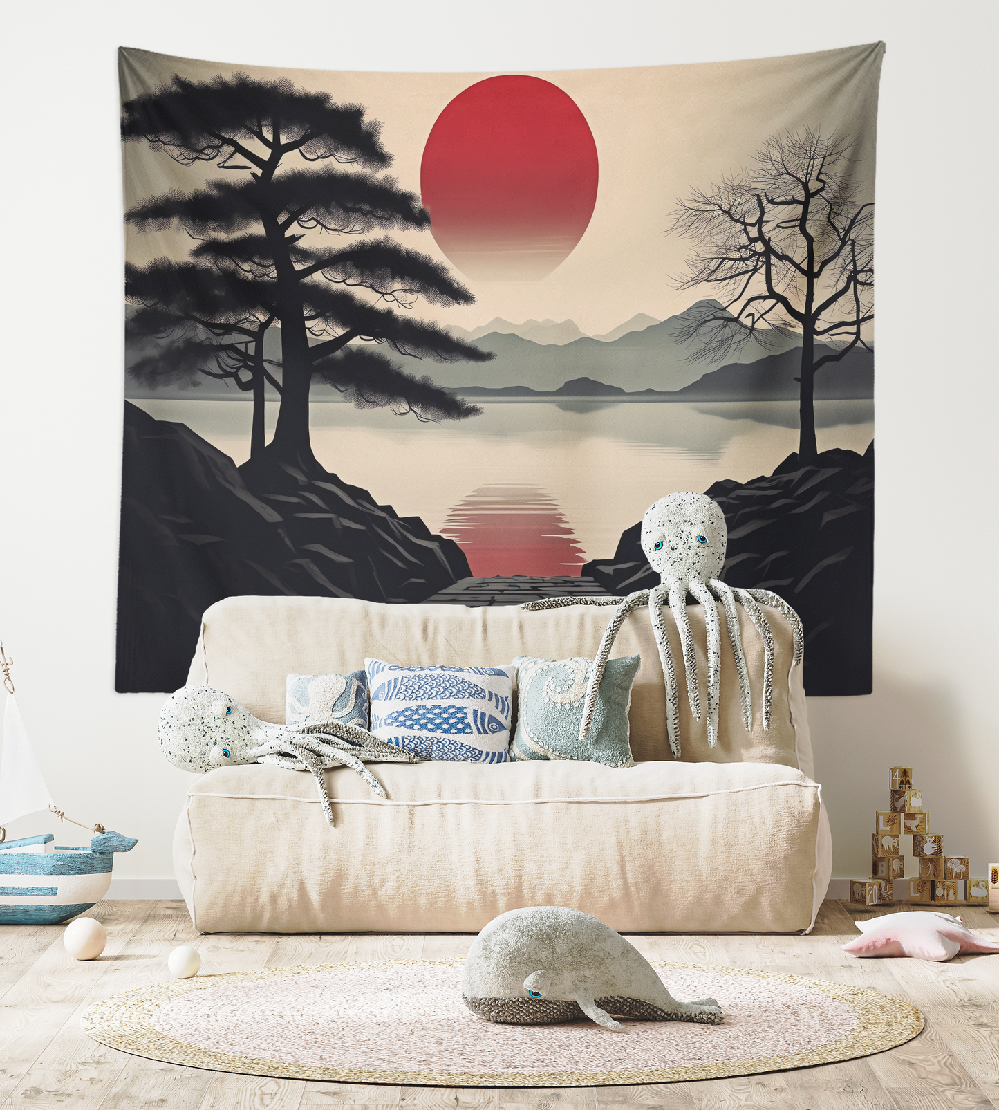 Red Sun, Mandala Tapestry Wall Hanging, Mountain Shiluette, Lake View, Japanese Style Wallart, Boho Décor for Bedroom, Dorm