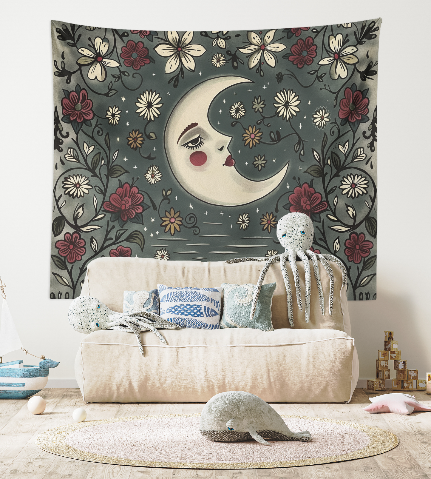 Crescent Moon, Boho Tapestry Wall Hanging, Floral Mandala, Lunar Flower Celestial  Aesthetic Room Décor , Huge Wall Art