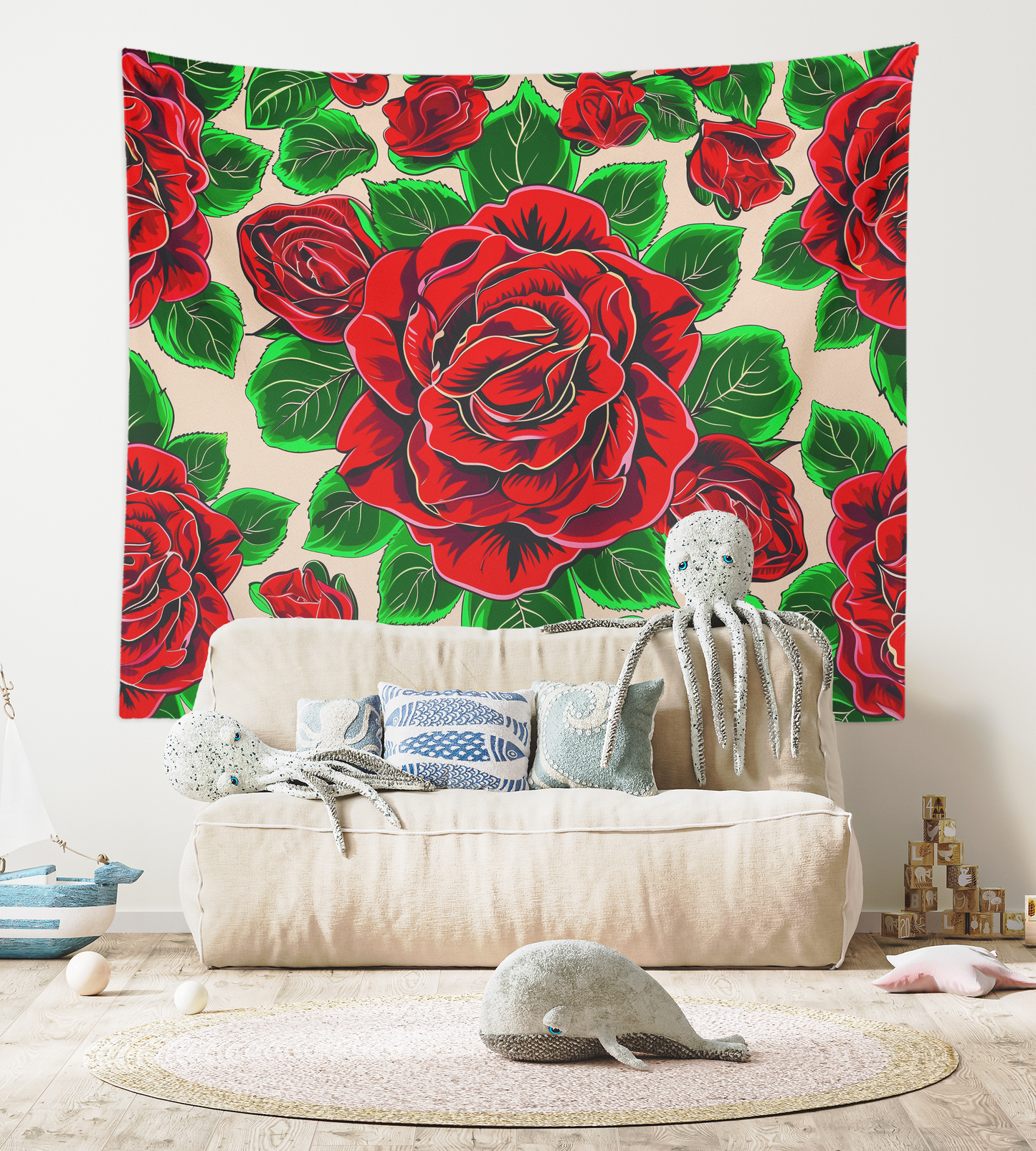 Floral Tapestry Wall Hanging Flower Mandala Boho Flower Wall Art Roses Artwork Décor Red Rose Pattern Bohemian Tapestries for Bedroom