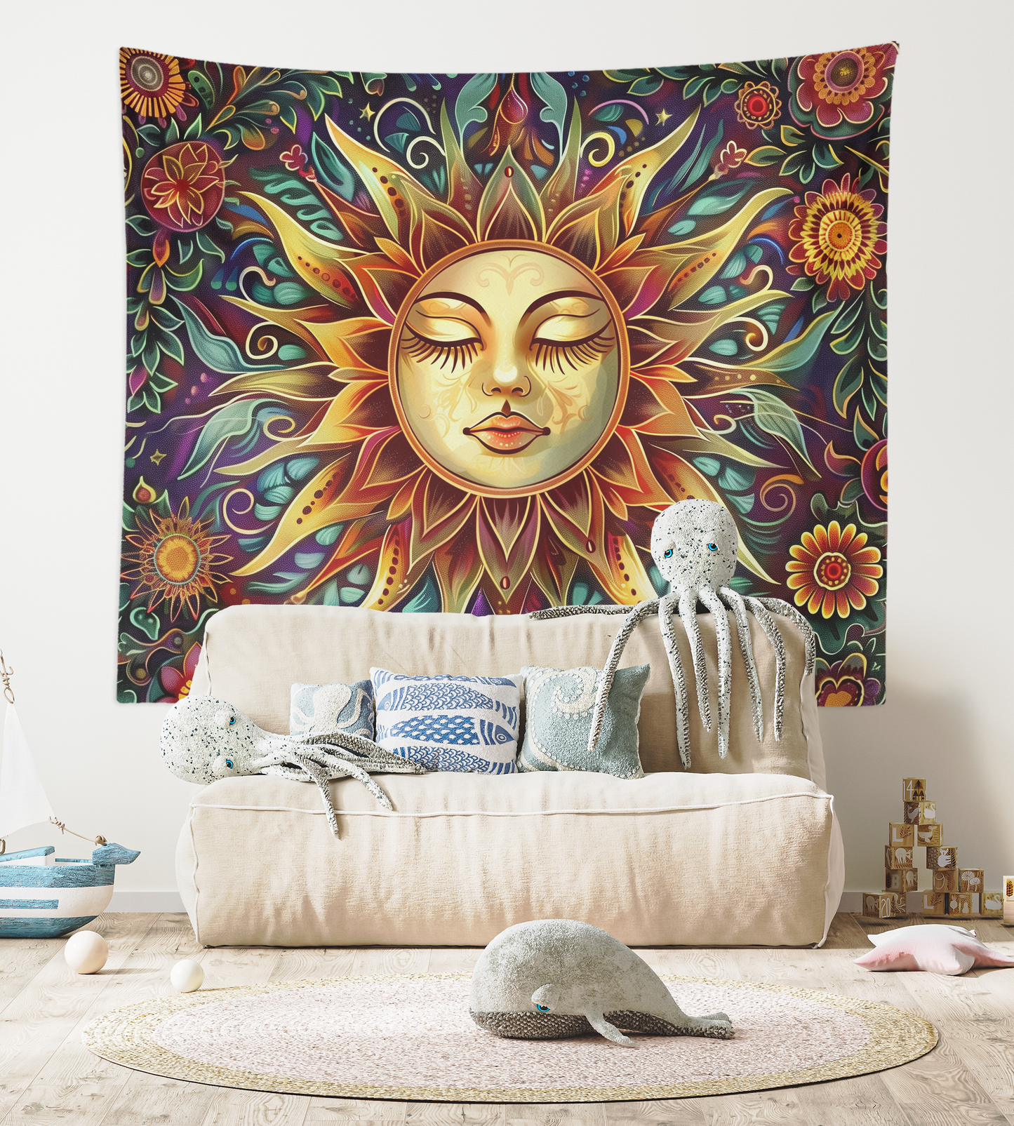 Sun Tapestry, Wall Hanging, Floral Mandala, Boho Flower Art, Burning Sunshine Artwork, Psychedelic, Mystic, Aesthetic Room Decoration