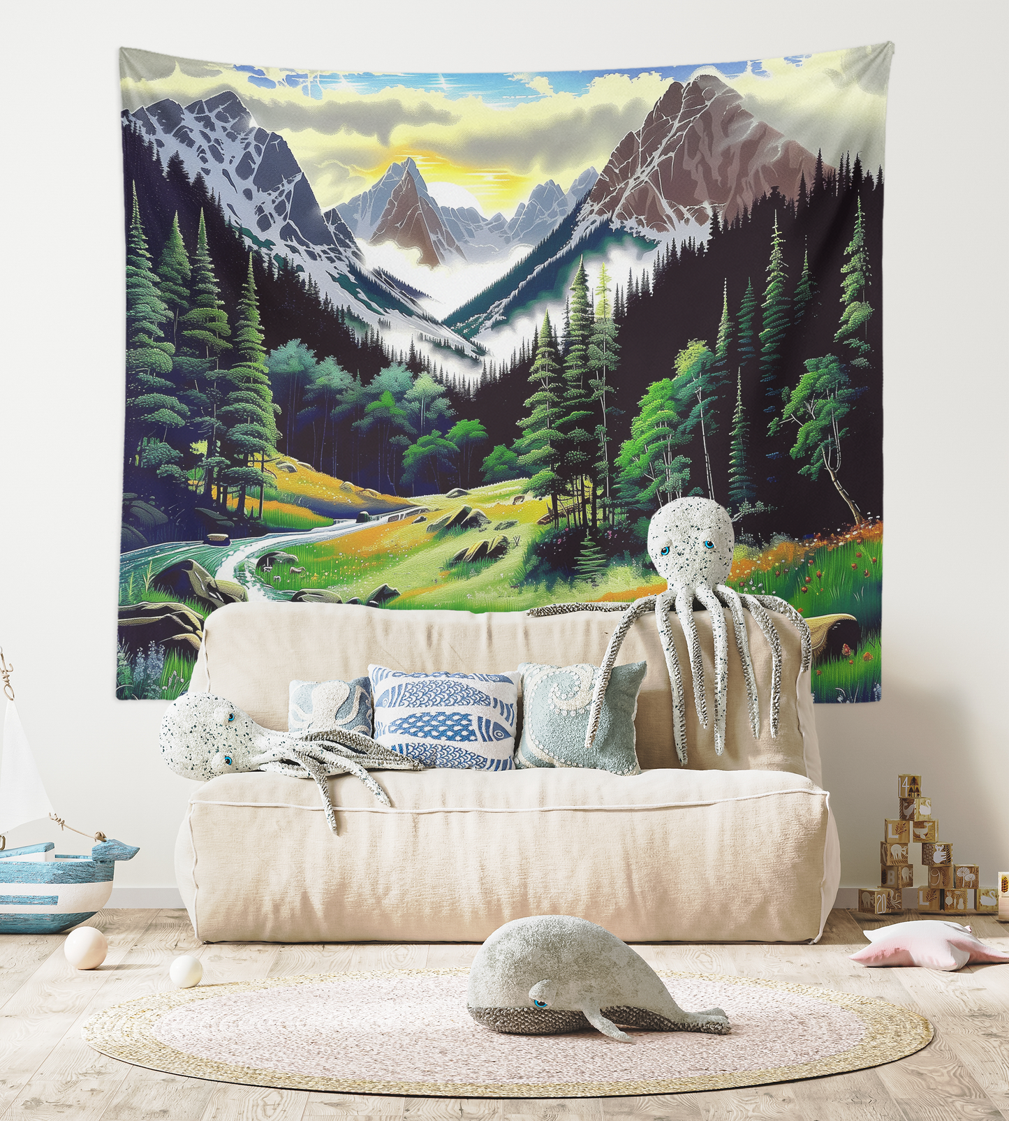 Majestic Mountains, Tapestry Wall Hanging, Mountain Scenery Landscape Artwork, Forest Green Background , Floral Mandala