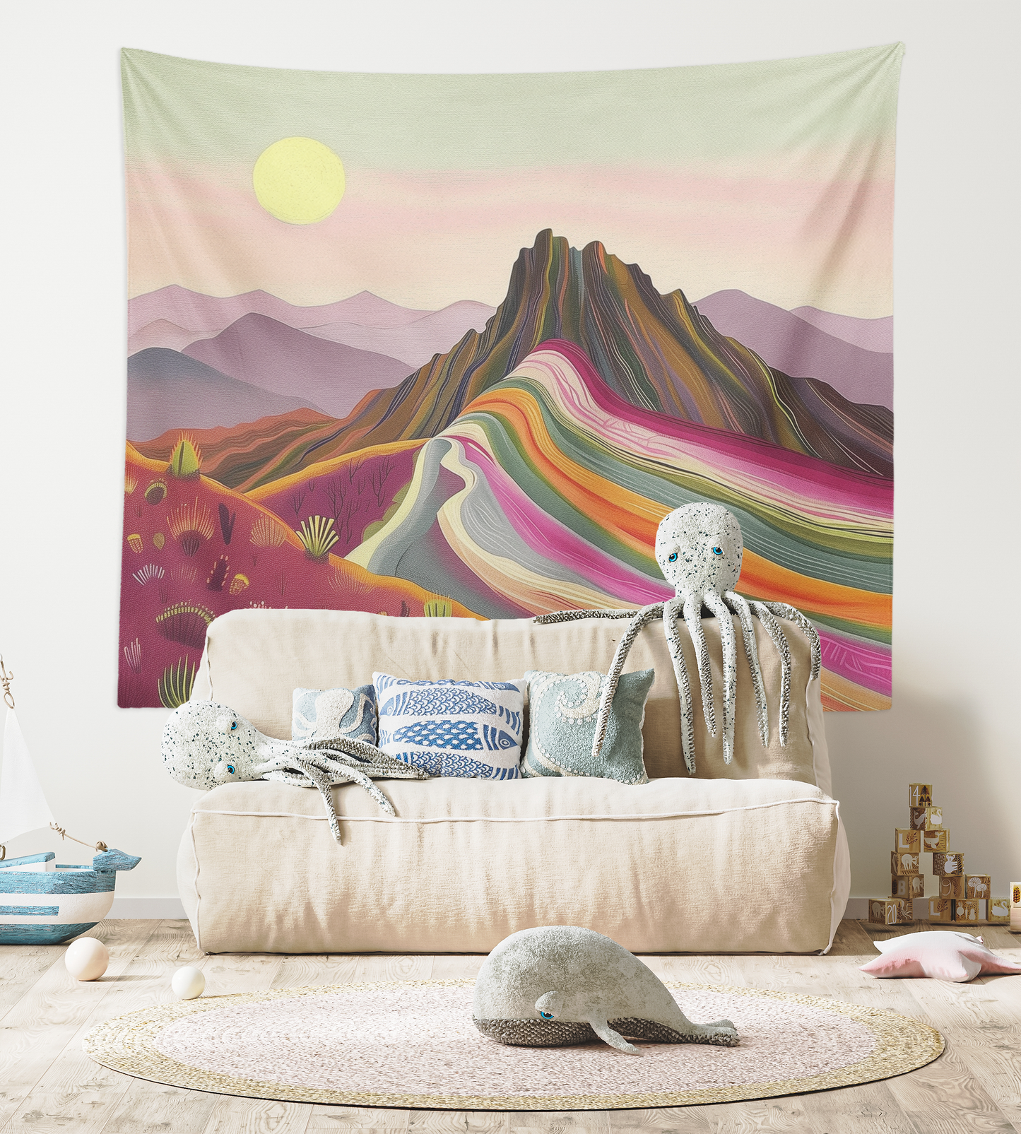Boho Color Desert Landscape Tapestry Wall Hanging, Desert Sun Wall Art, Cactus Plants Print, Colorful Mountains Artwork  Living Room/Bedroom